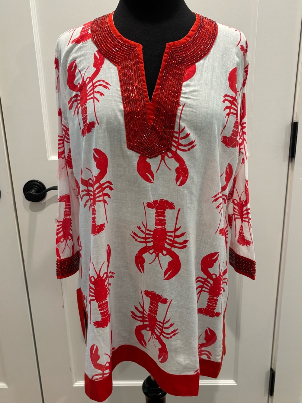 Barbara Gerwit Beaded Lobster Tunic White Red White Womens M Coastal Lobster - Picture 2 of 15